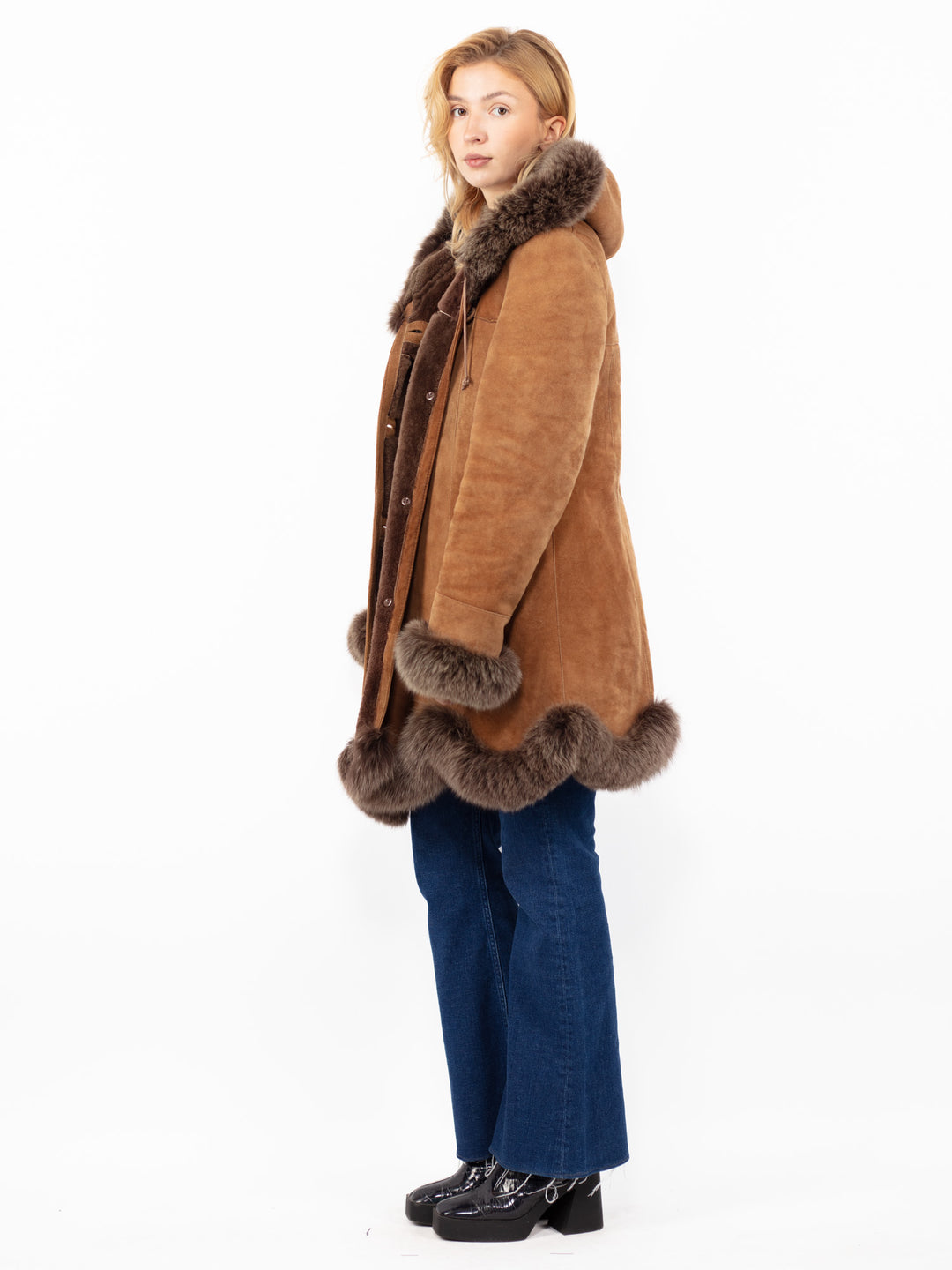 Vintage 90's Hooded Penny Lane Sheepskin Coat in Brown