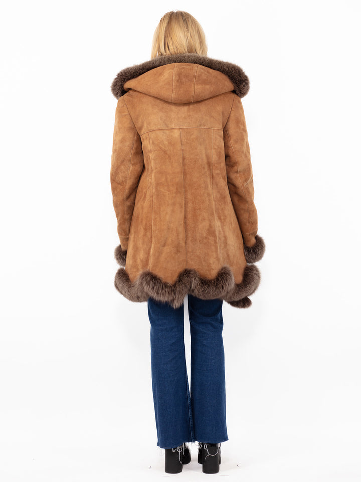 Vintage 90's Hooded Penny Lane Sheepskin Coat in Brown
