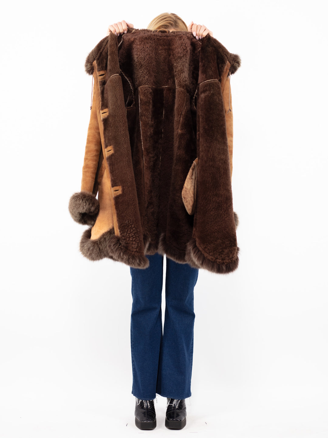 Vintage 90's Hooded Penny Lane Sheepskin Coat in Brown