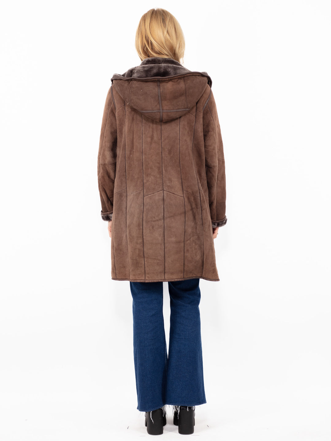 Vintage 90's Women Hooded Sheepskin Coat in Brown