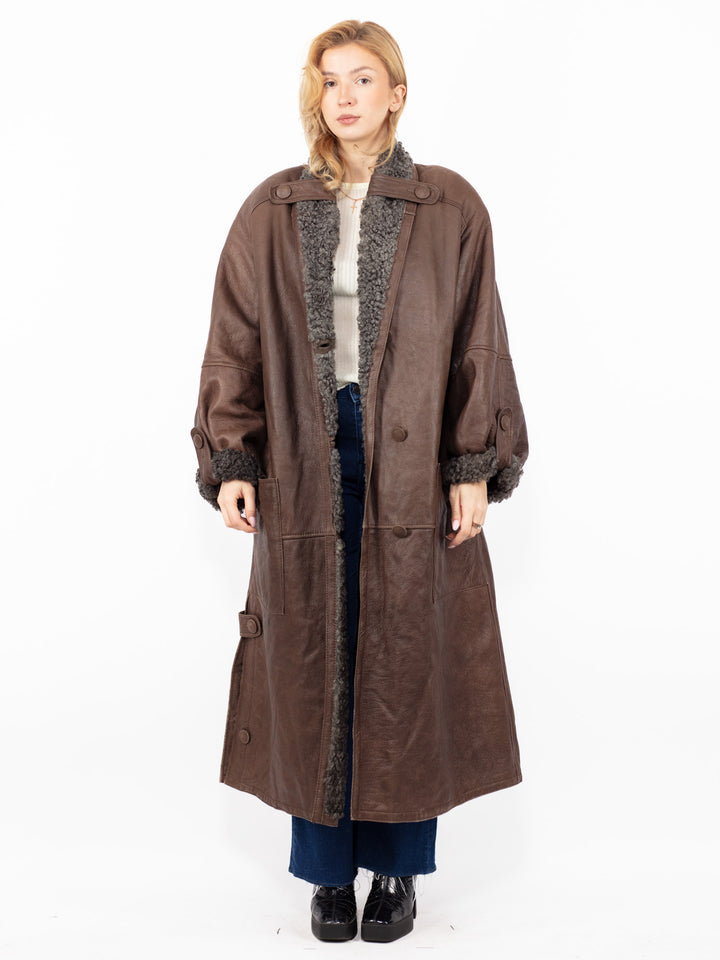 Vintage 90's Women Sheepskin Long Coat in Brown