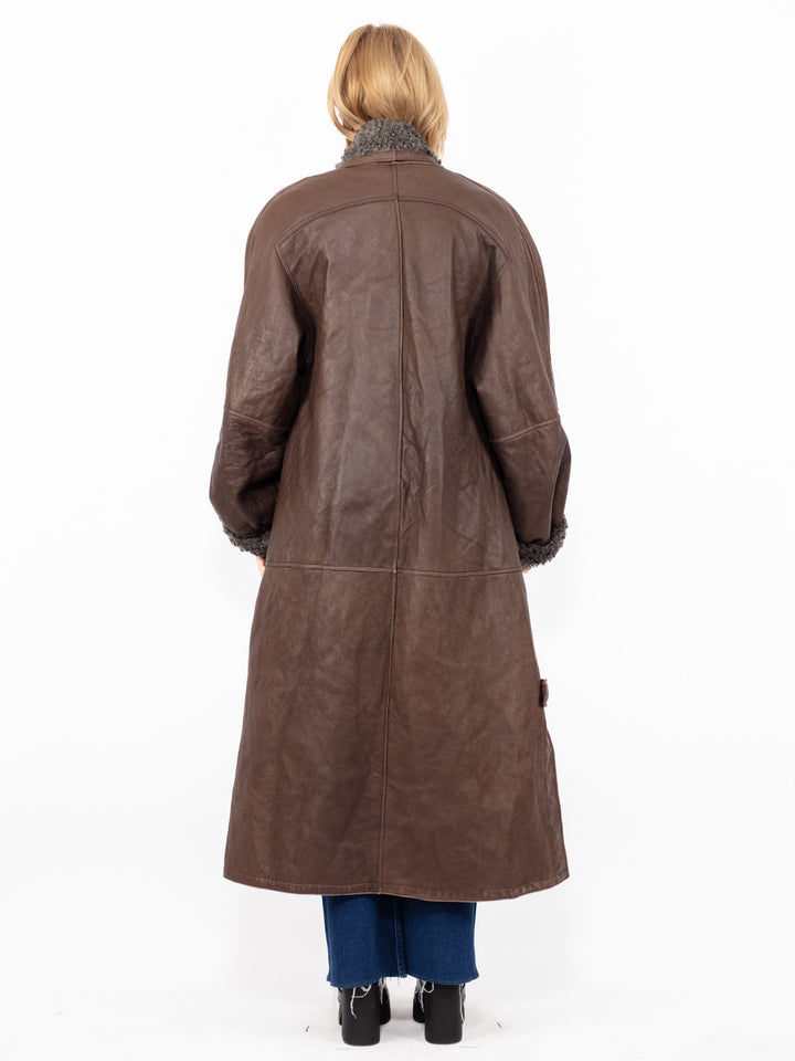 Vintage 90's Women Sheepskin Long Coat in Brown