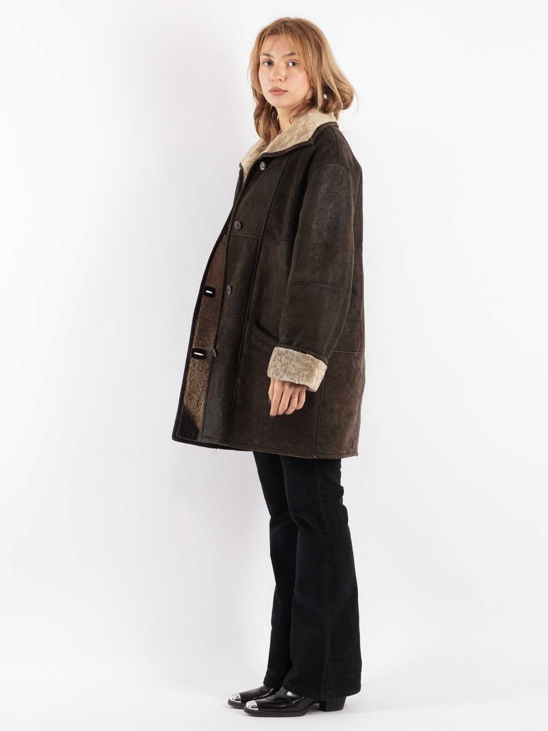 Vintage 90's Women Sheepskin Coat in Brown