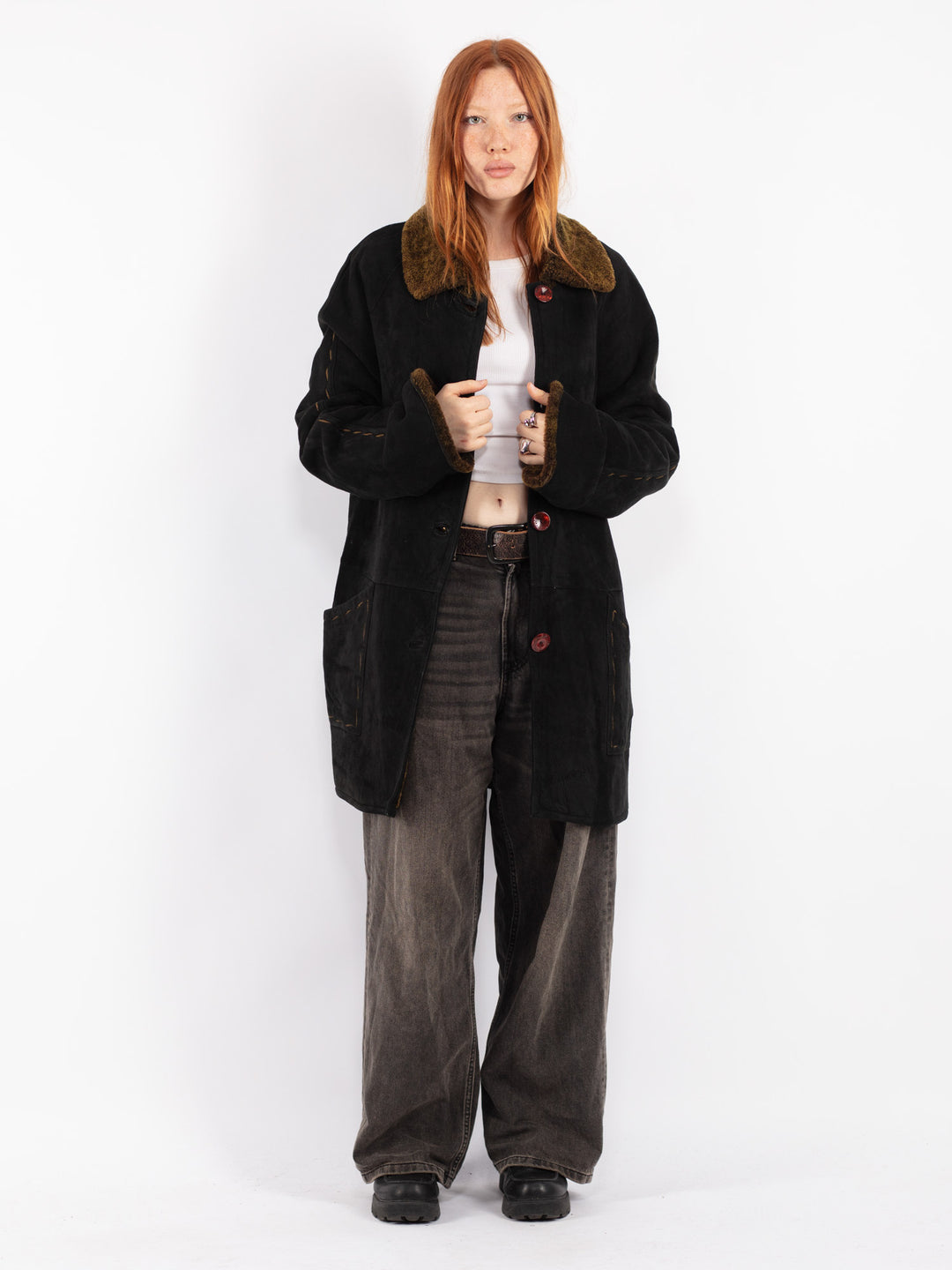 Vintage 90's Women Sheepskin Coat in Black