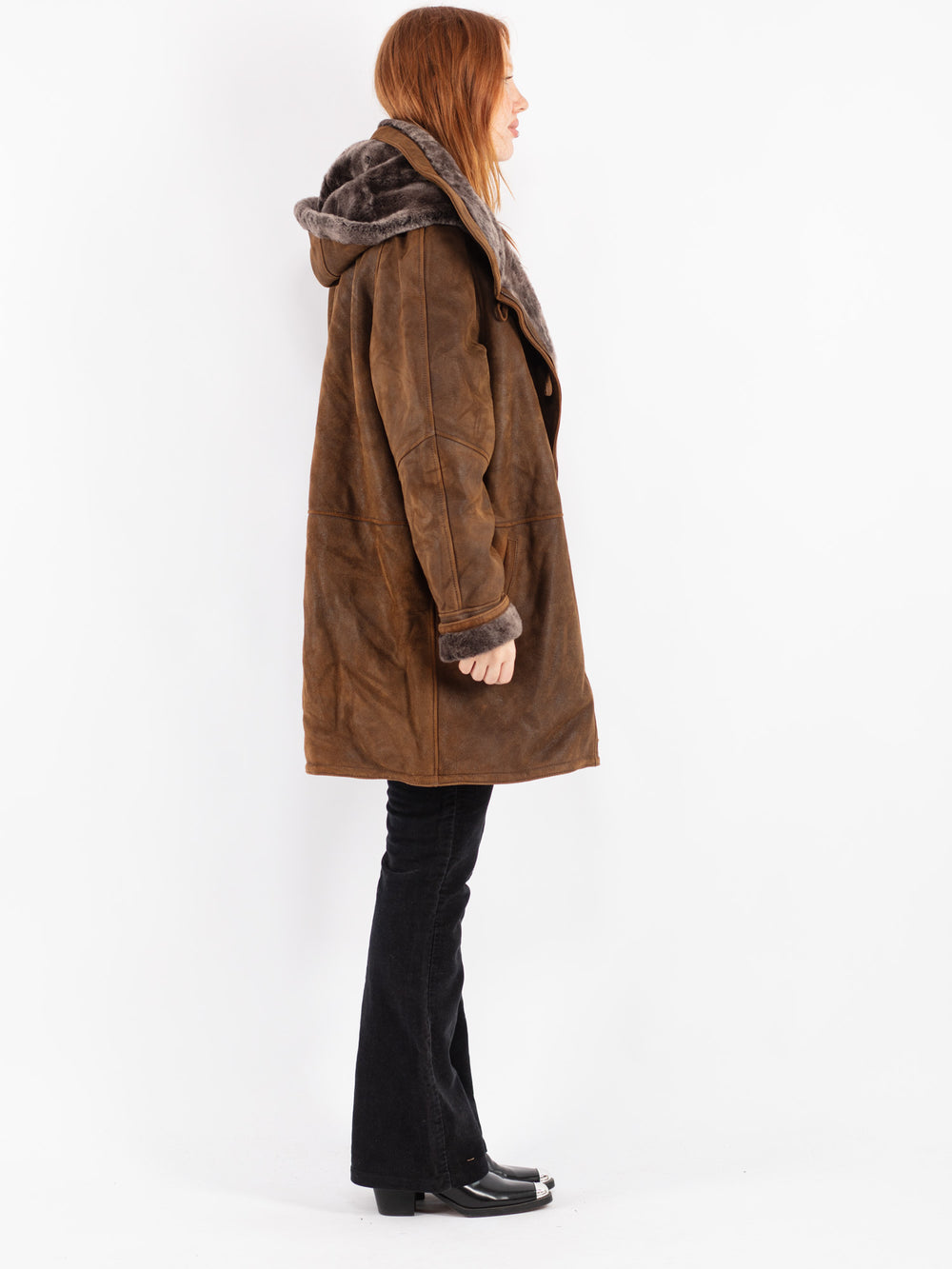 Vintage 90's Women Sheepskin Shearling Coat in Brown