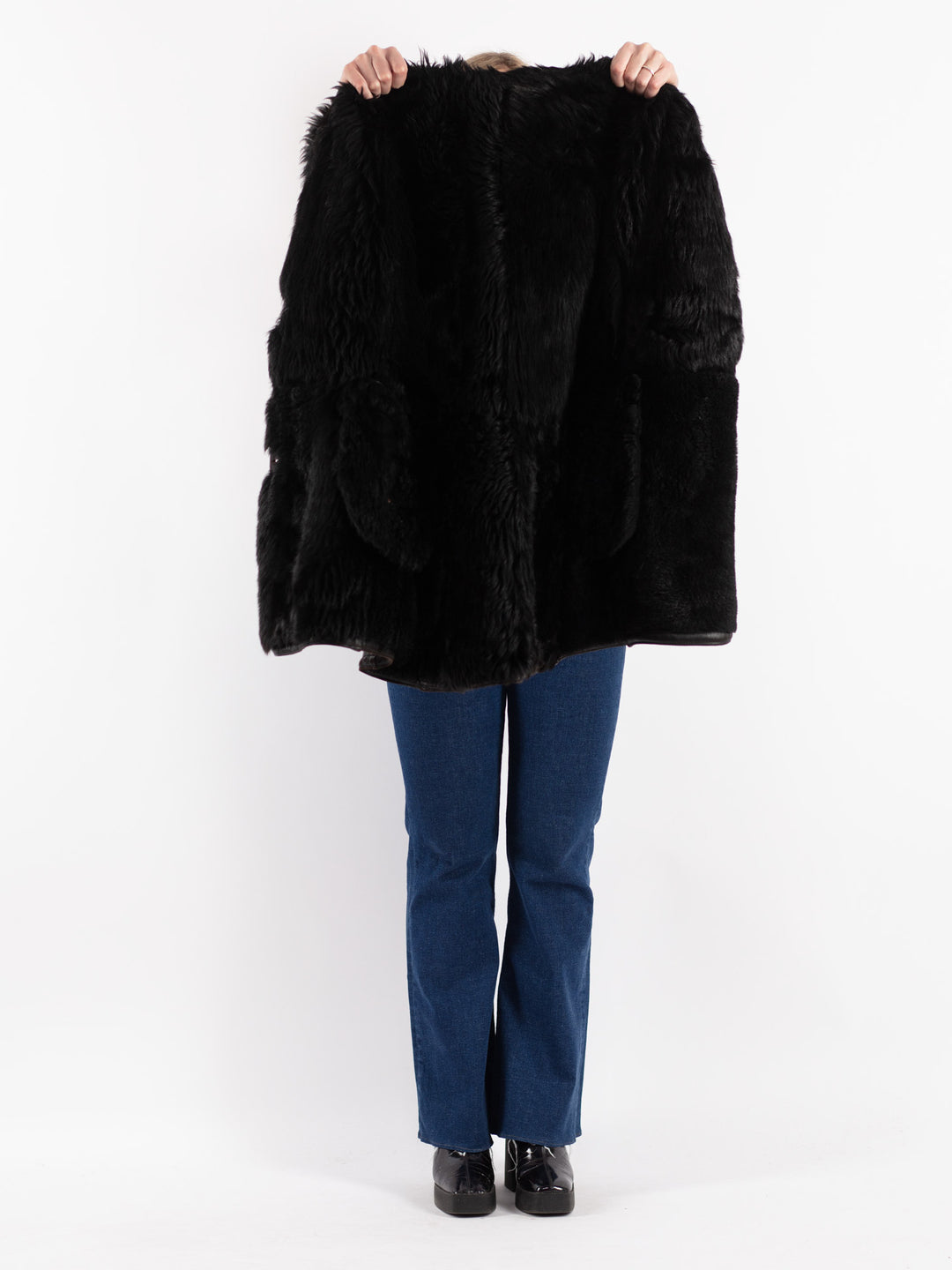 Vintage 90's Women Sheepskin Shearling Coat in Black