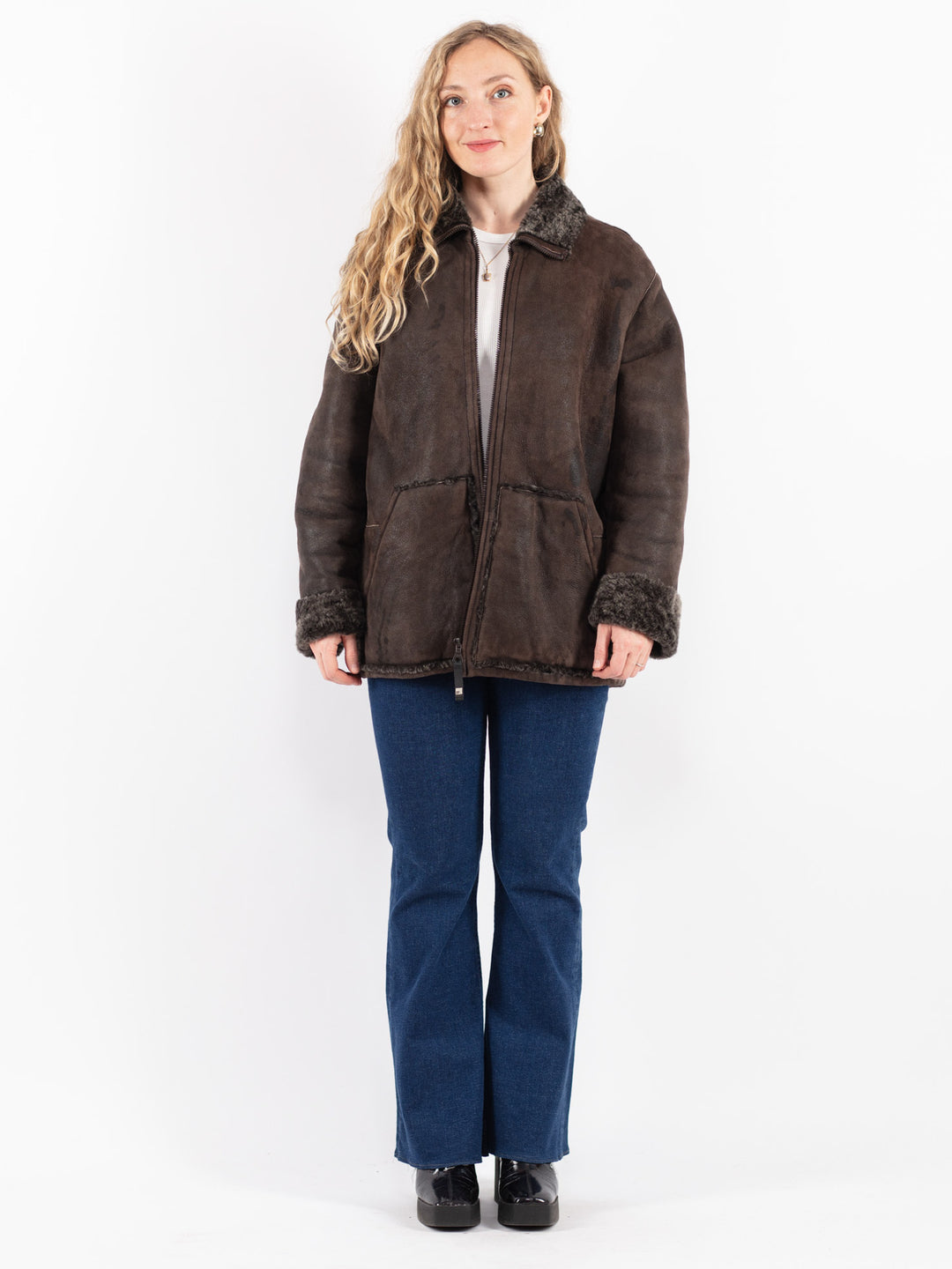 Vintage 90's Women Sheepskin Coat in Brown