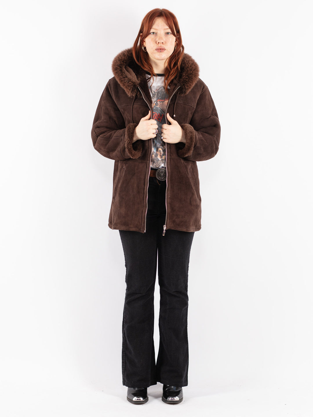 Vintage 90's Women Sheepskin Coat in Brown