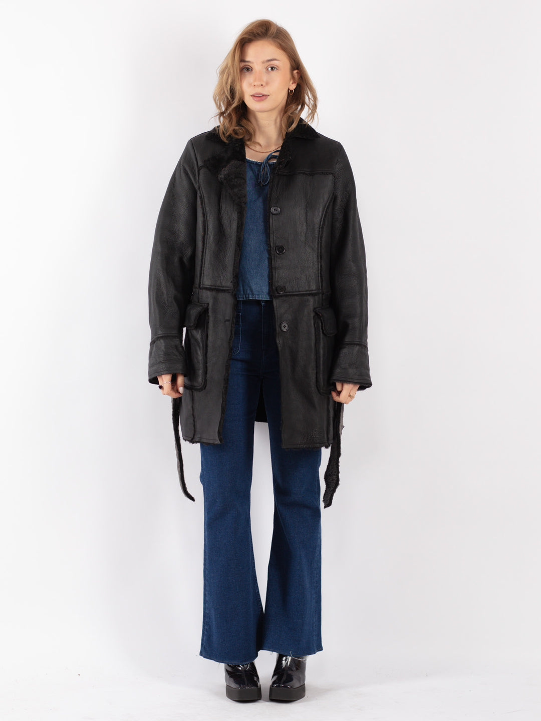 Vintage 90's Women Sheepskin Shearling Coat in Black