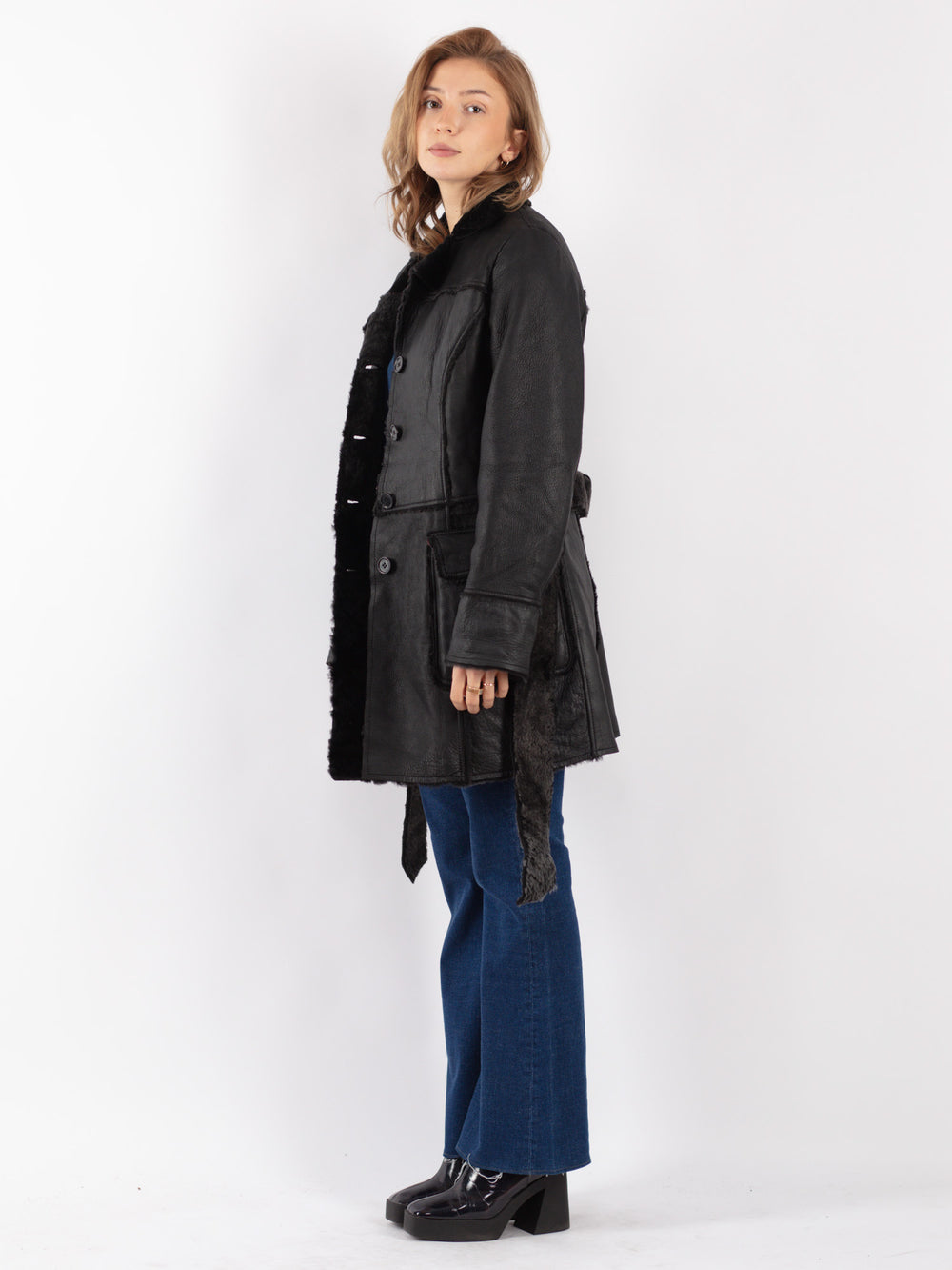 Vintage 90's Women Sheepskin Shearling Coat in Black