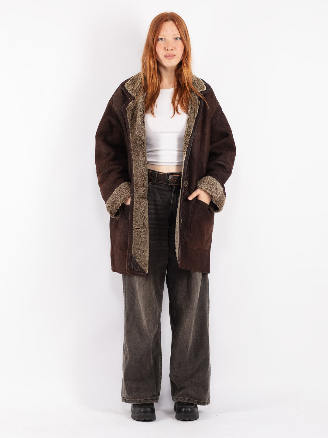 Vintage 90's Women Sheepskin Coat in Brown