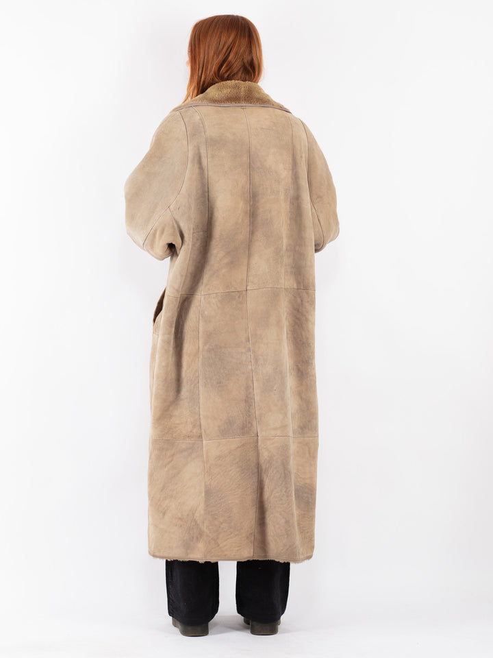 Vintage 90's Women Sheepskin Shearling Coat in Beige
