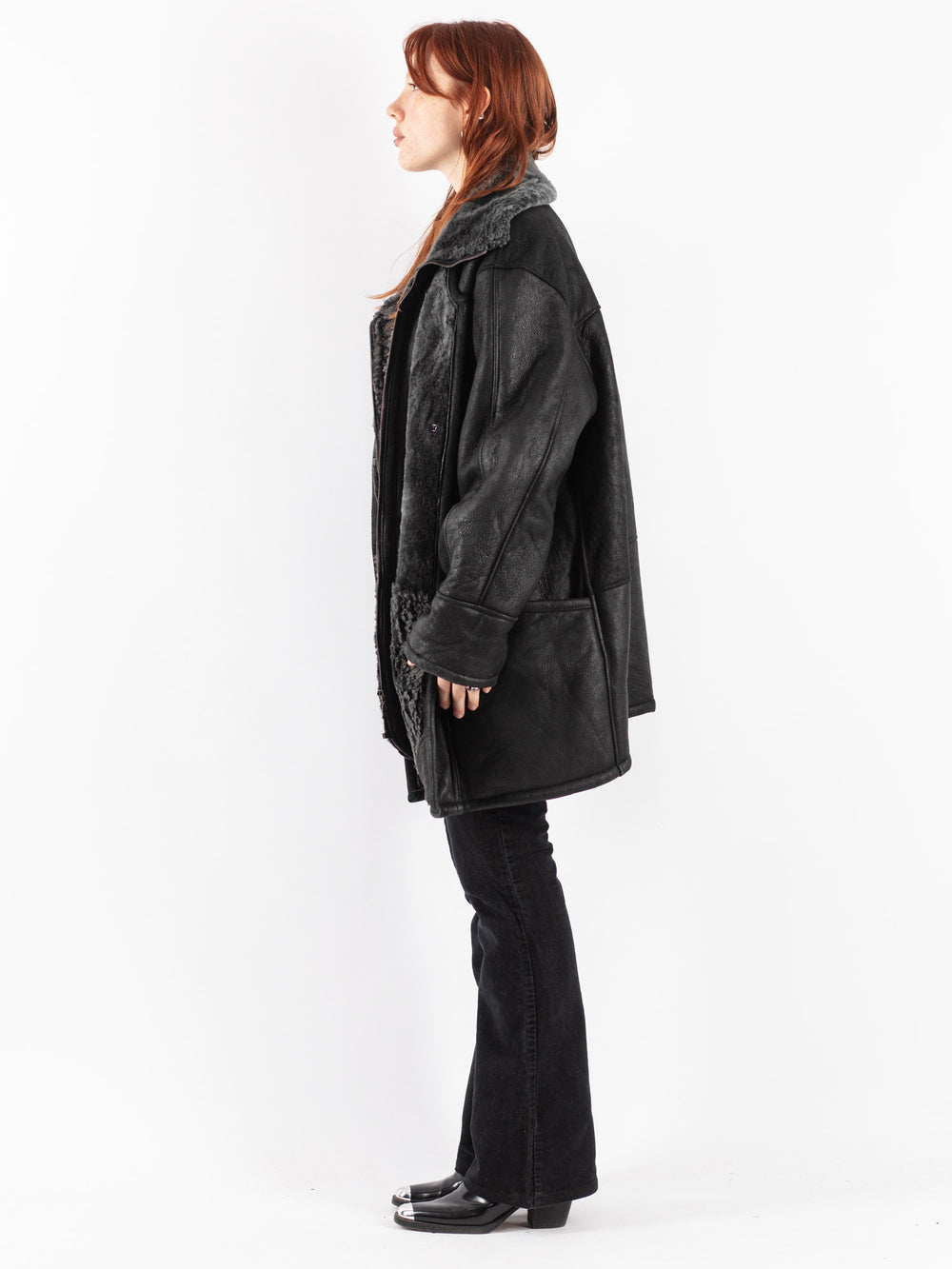 Vintage 80's Women Sheepskin Shearling Coat in Black