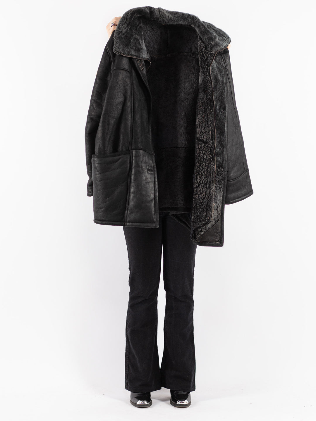 Vintage 80's Women Sheepskin Shearling Coat in Black