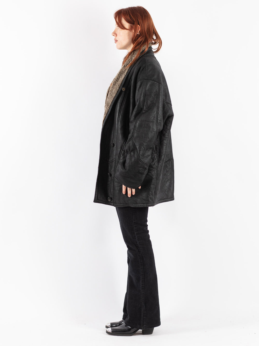 Vintage 90's Women Sheepskin Coat in Black