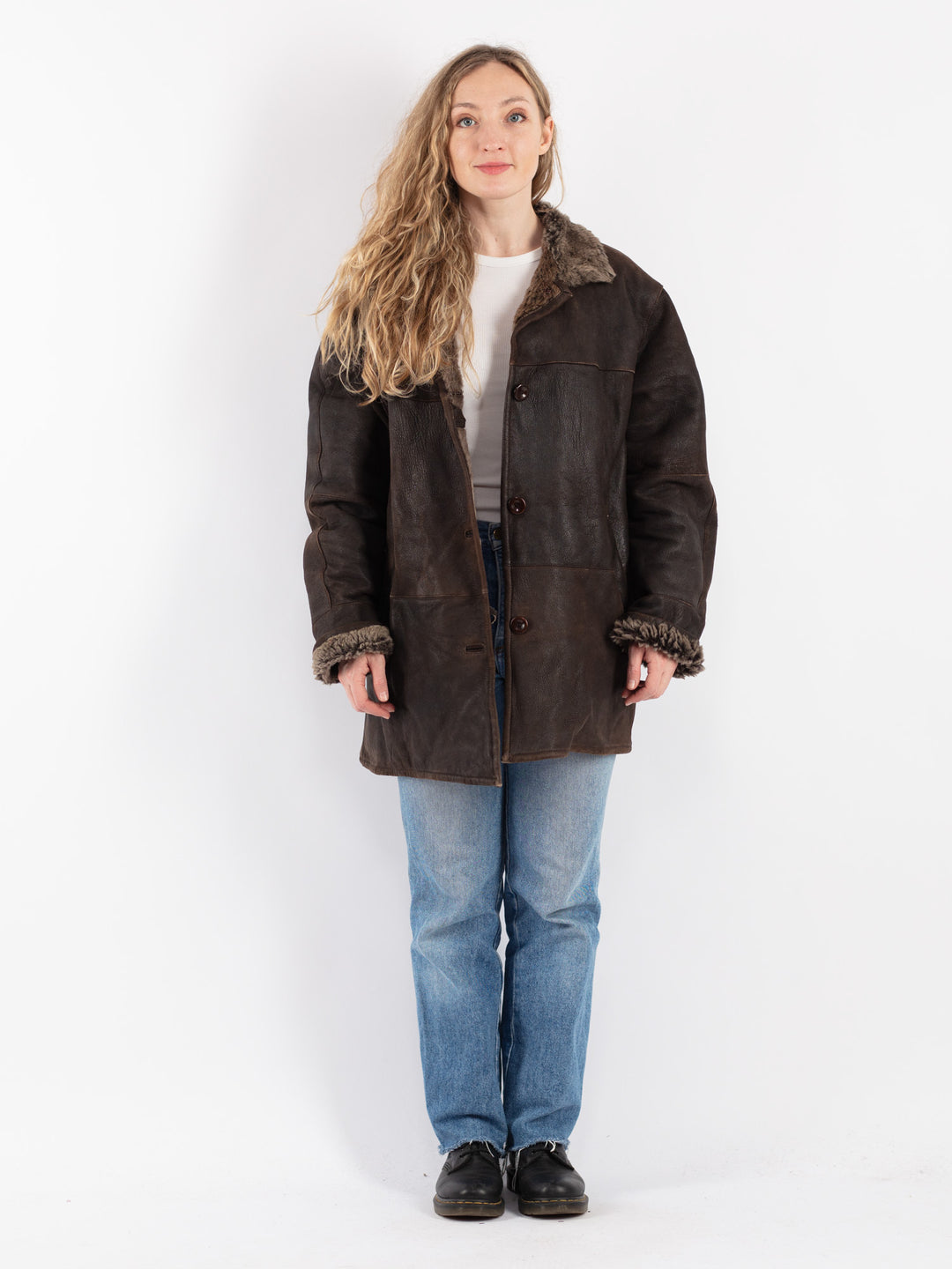 Vintage 90's Women Sheepskin Shearling Coat in Brown