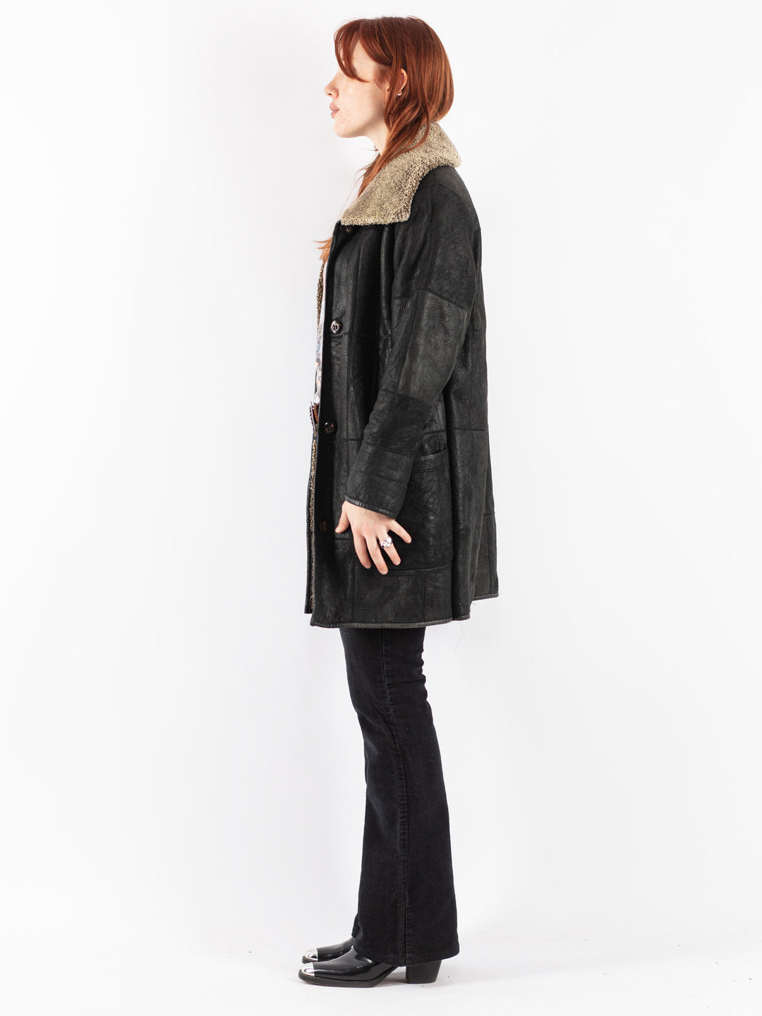 Vintage 90's Women Sheepskin Coat in Black