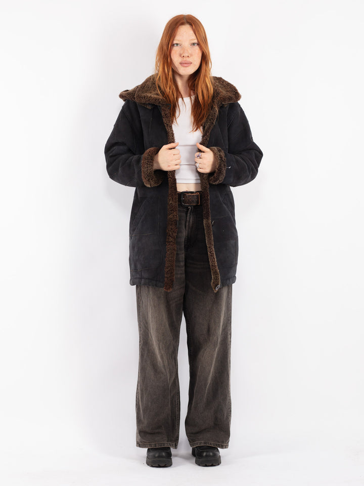 Vintage 90's Women Sheepskin Coat in Black