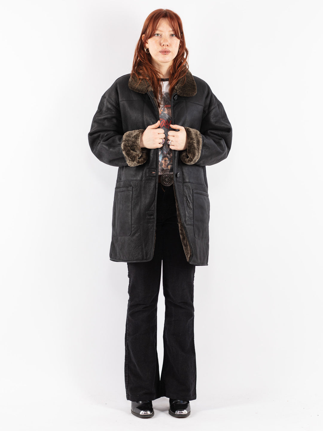 Vintage 90's Women Sheepskin Coat in Black