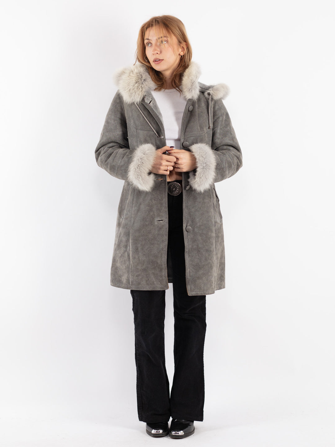 Vintage 90's Women Sheepskin Coat in Gray
