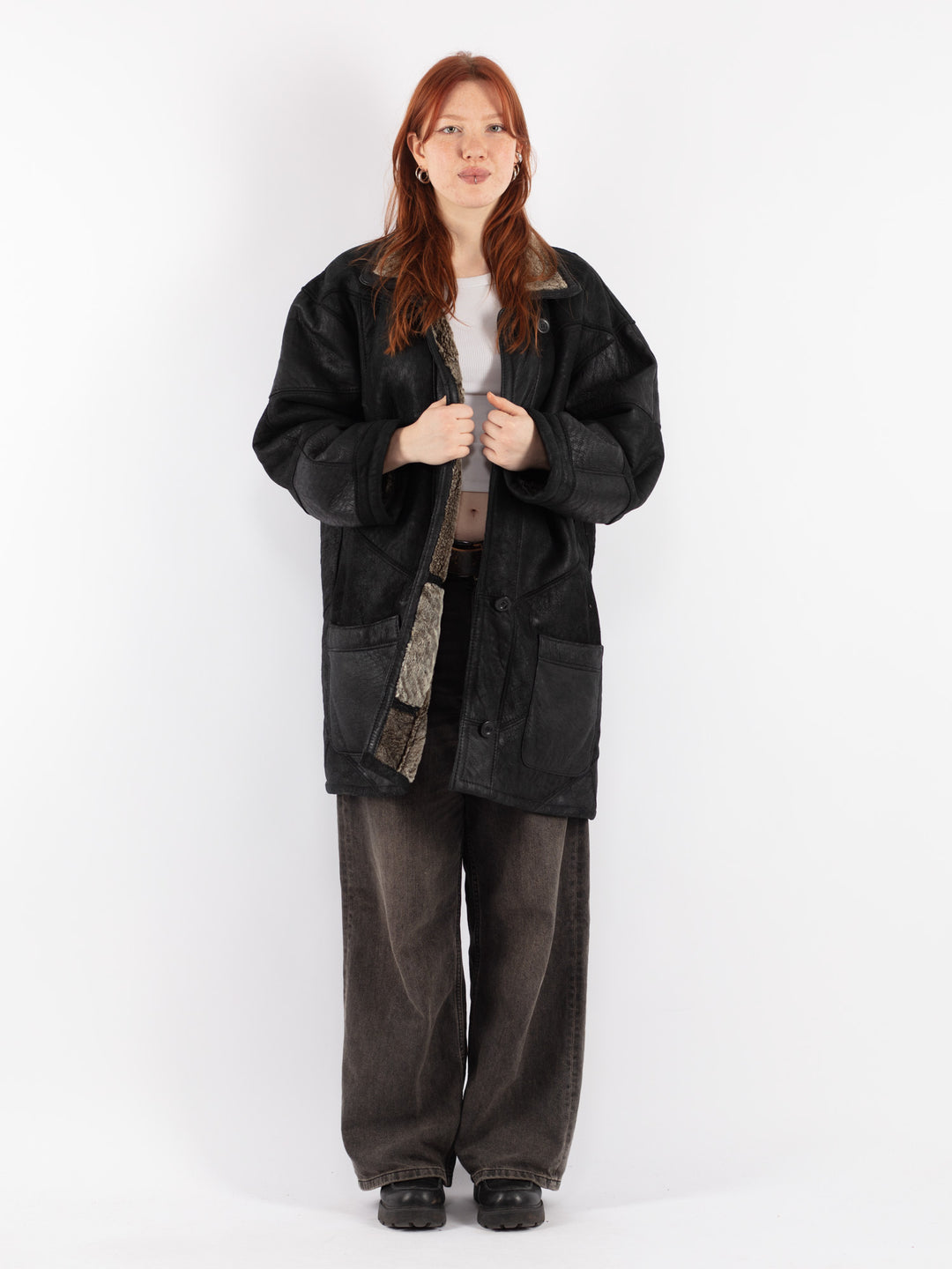 Vintage 90's Women Sheepskin Coat in Black