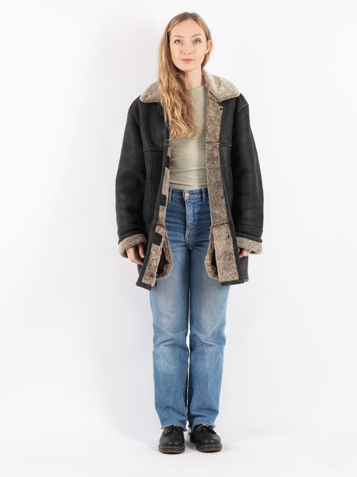Vintage 90's Women Sheepskin Coat in Black