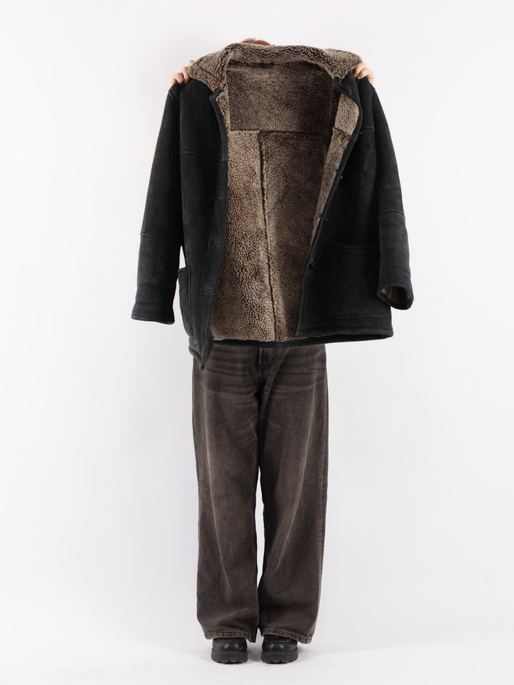 Vintage 90's Women Sheepskin Shearling Coat in Black