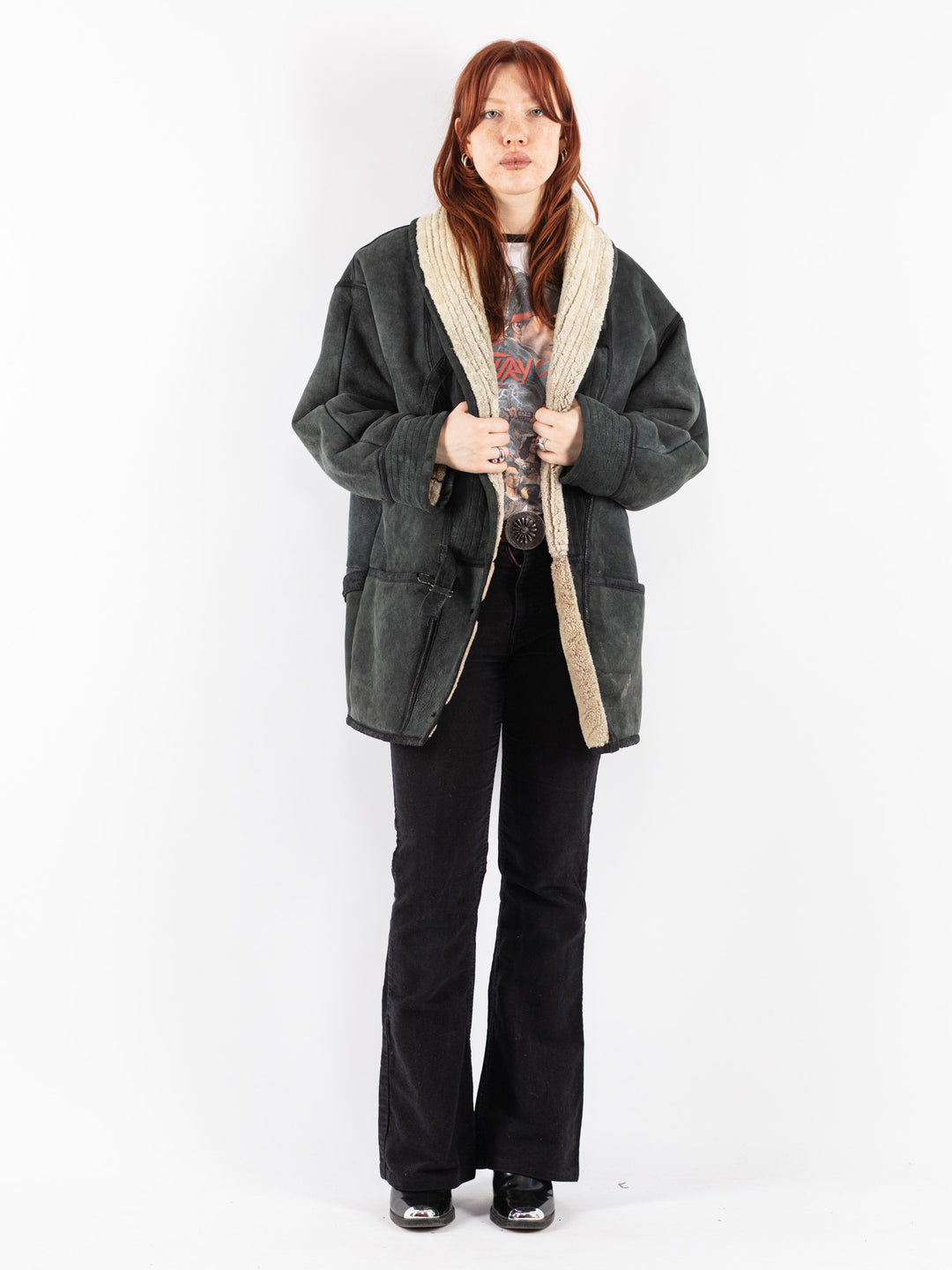 Vintage 90's Women Sheepskin Coat in Gray