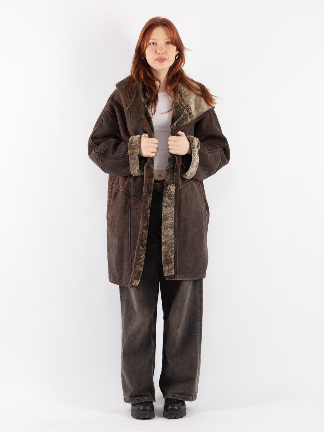 Vintage 90's Women Sheepskin Shearling Coat in Brown