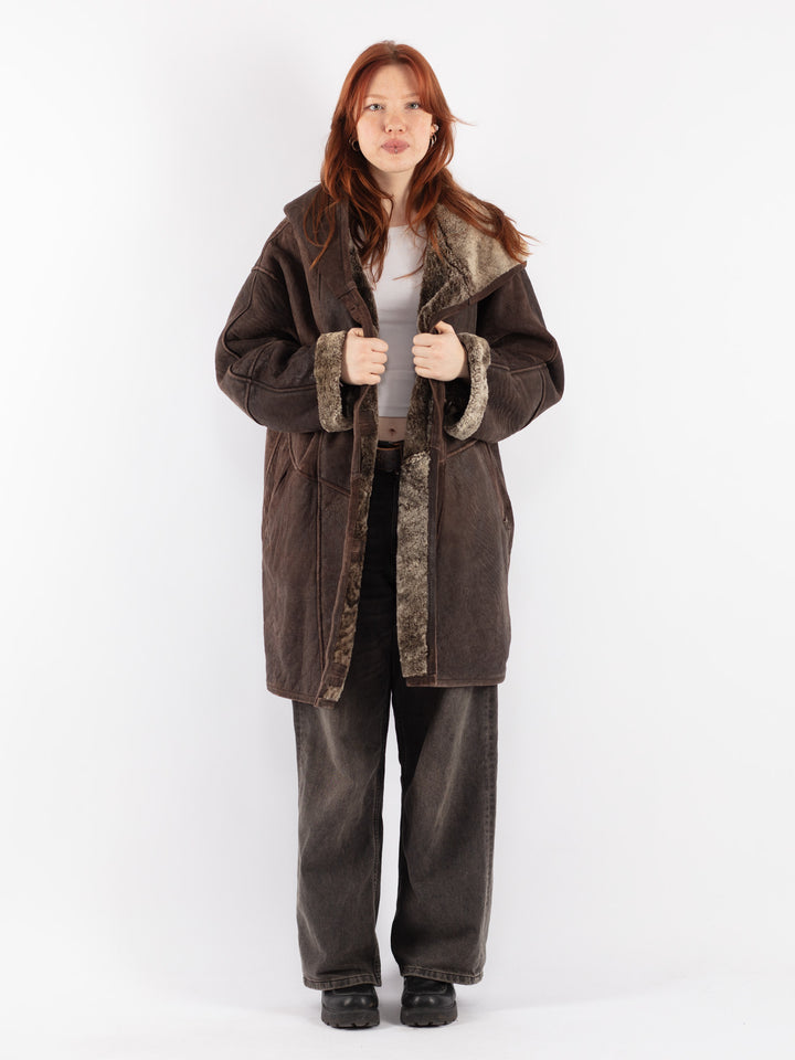 Vintage 90's Women Sheepskin Shearling Coat in Brown