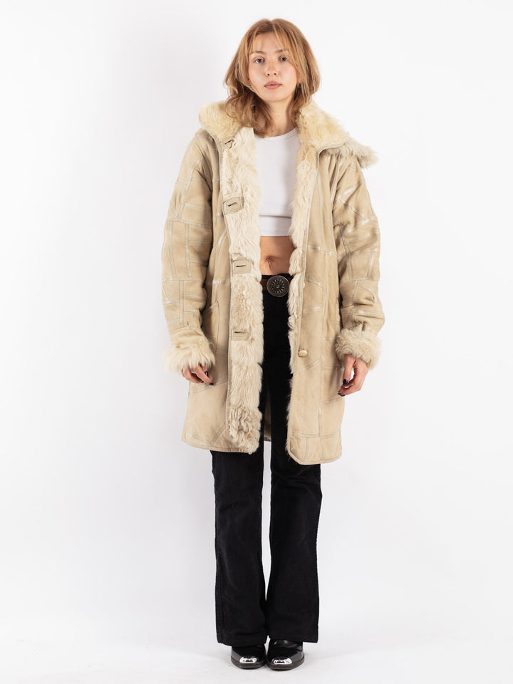 Vintage 90's Women Sheepskin Coat in Beige