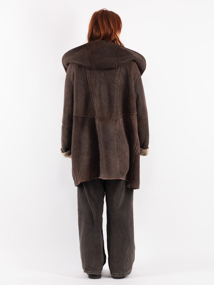 Vintage 90's Women Sheepskin Shearling Coat in Brown