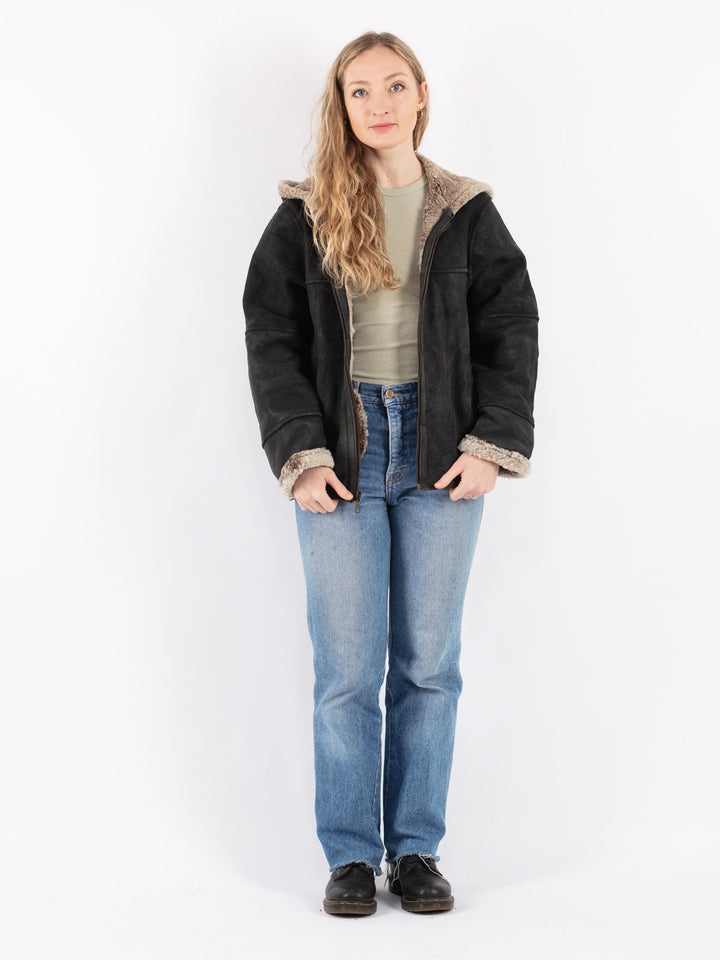 Vintage 90's Women Sheepskin Shearling Jacket in Black