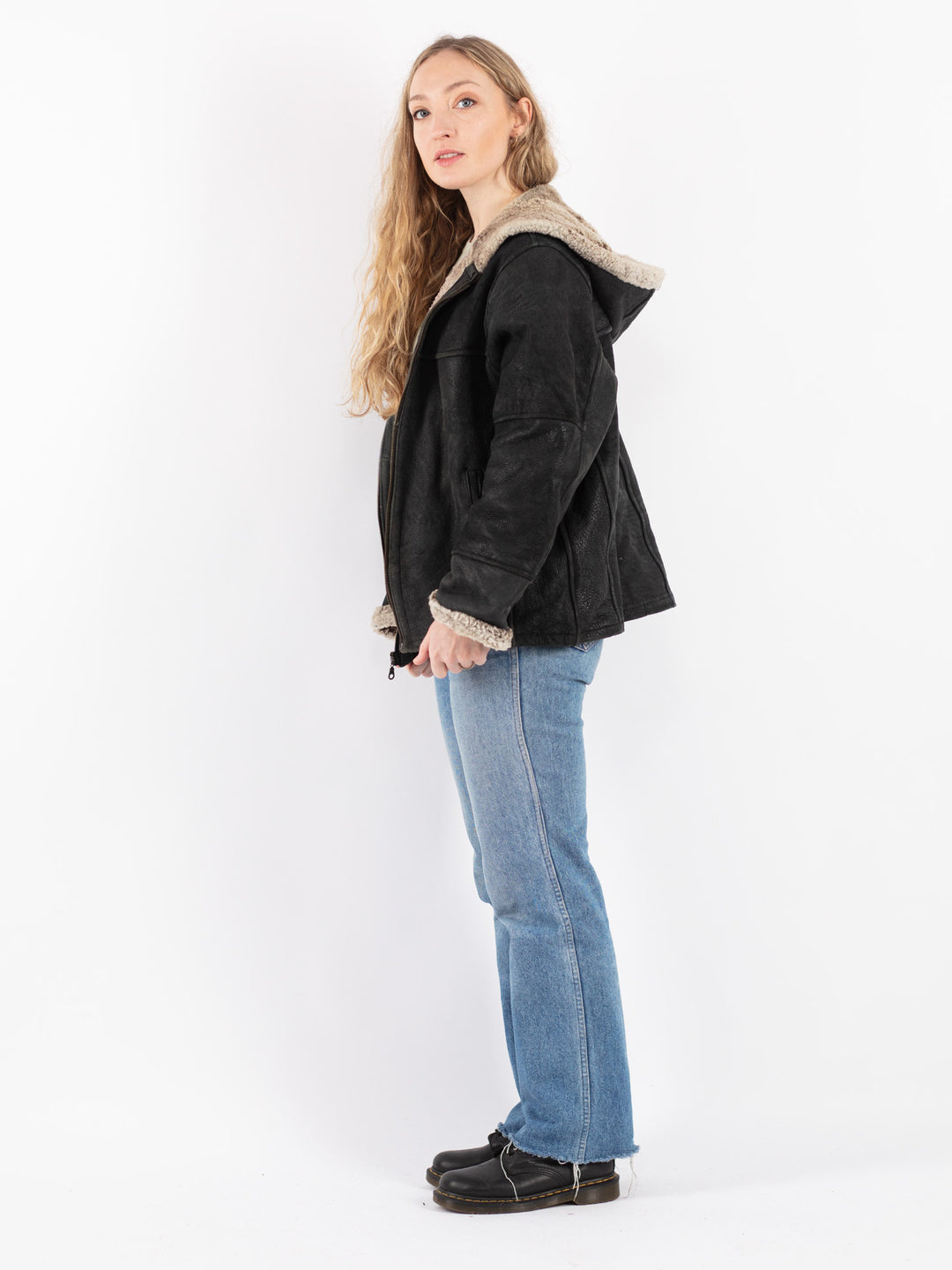 Vintage 90's Women Sheepskin Shearling Jacket in Black