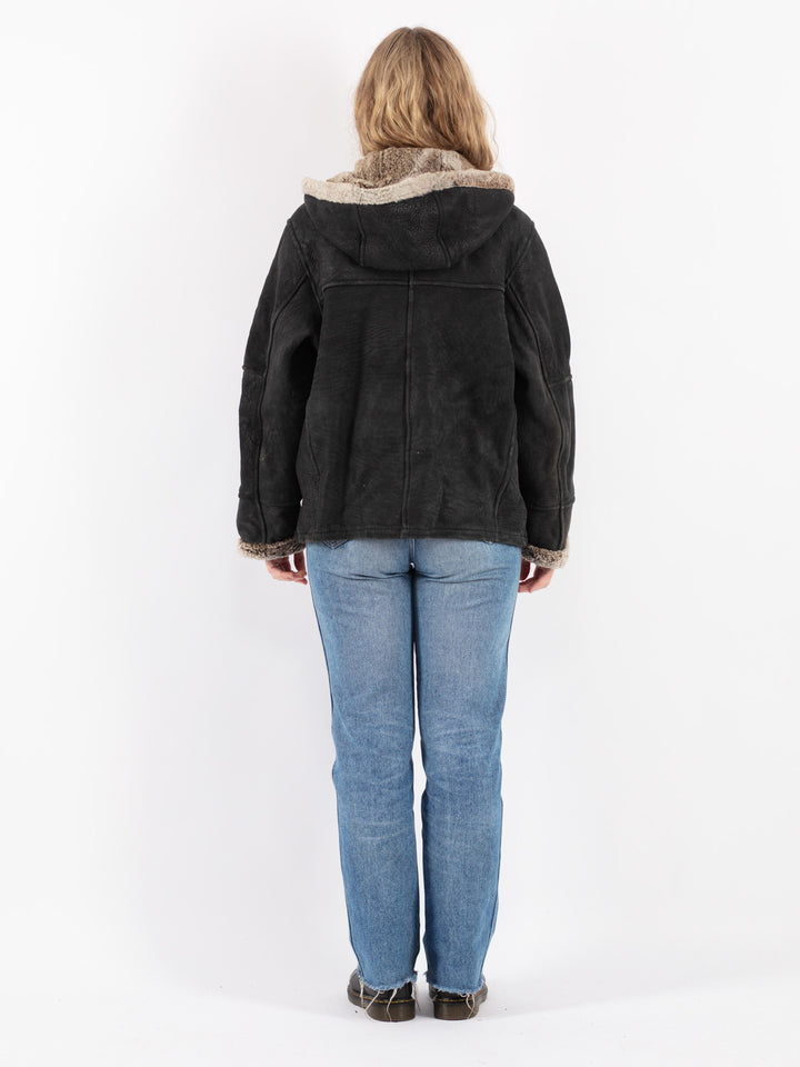 Vintage 90's Women Sheepskin Shearling Jacket in Black