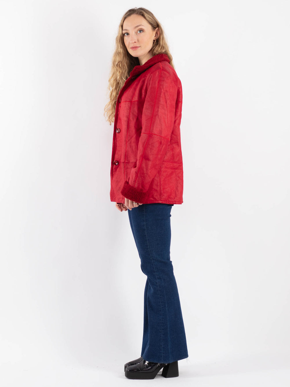 Vintage 90's Women Sheepskin Jacket in Red