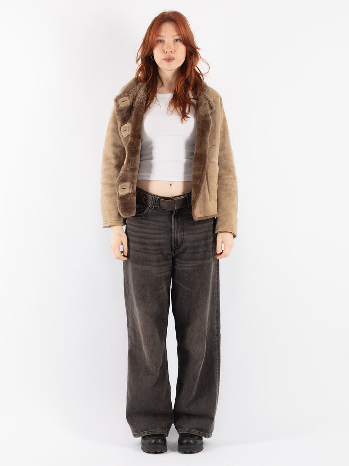 Vintage 90's Women Sheepskin Shearling Jacket in Beige