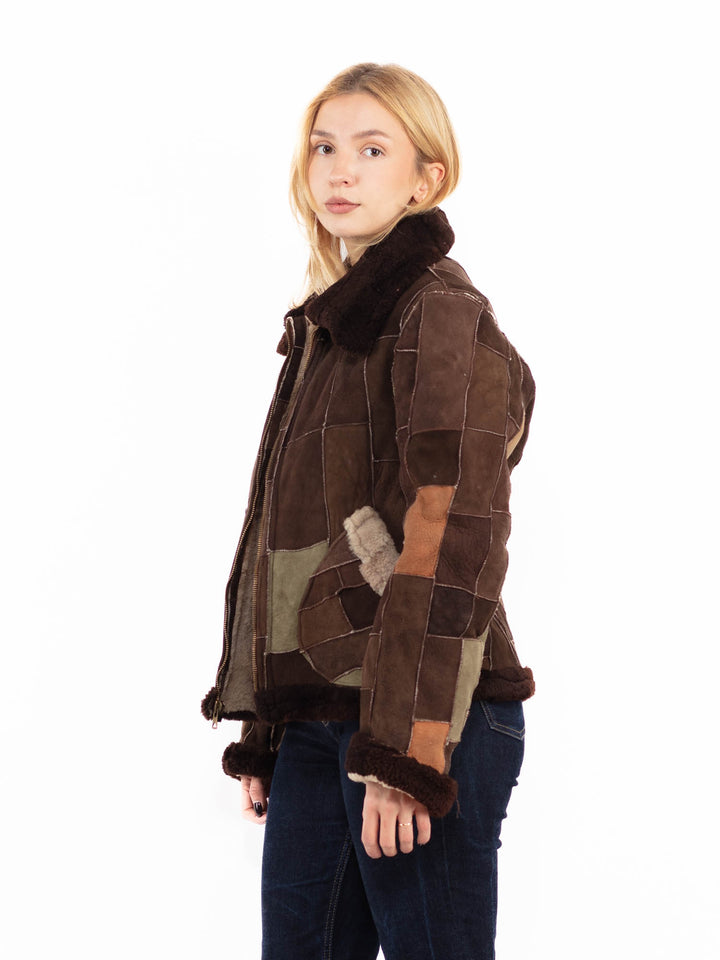 Vintage 90's Women Patchwork Sheepskin Jacket in Brown
