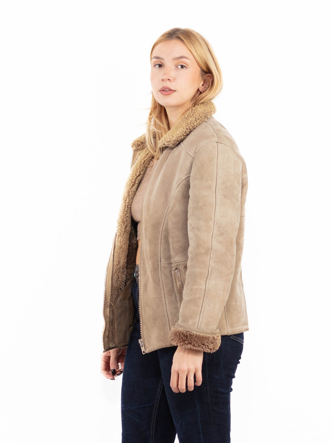 Vintage 90's Women Sheepskin Jacket in Beige