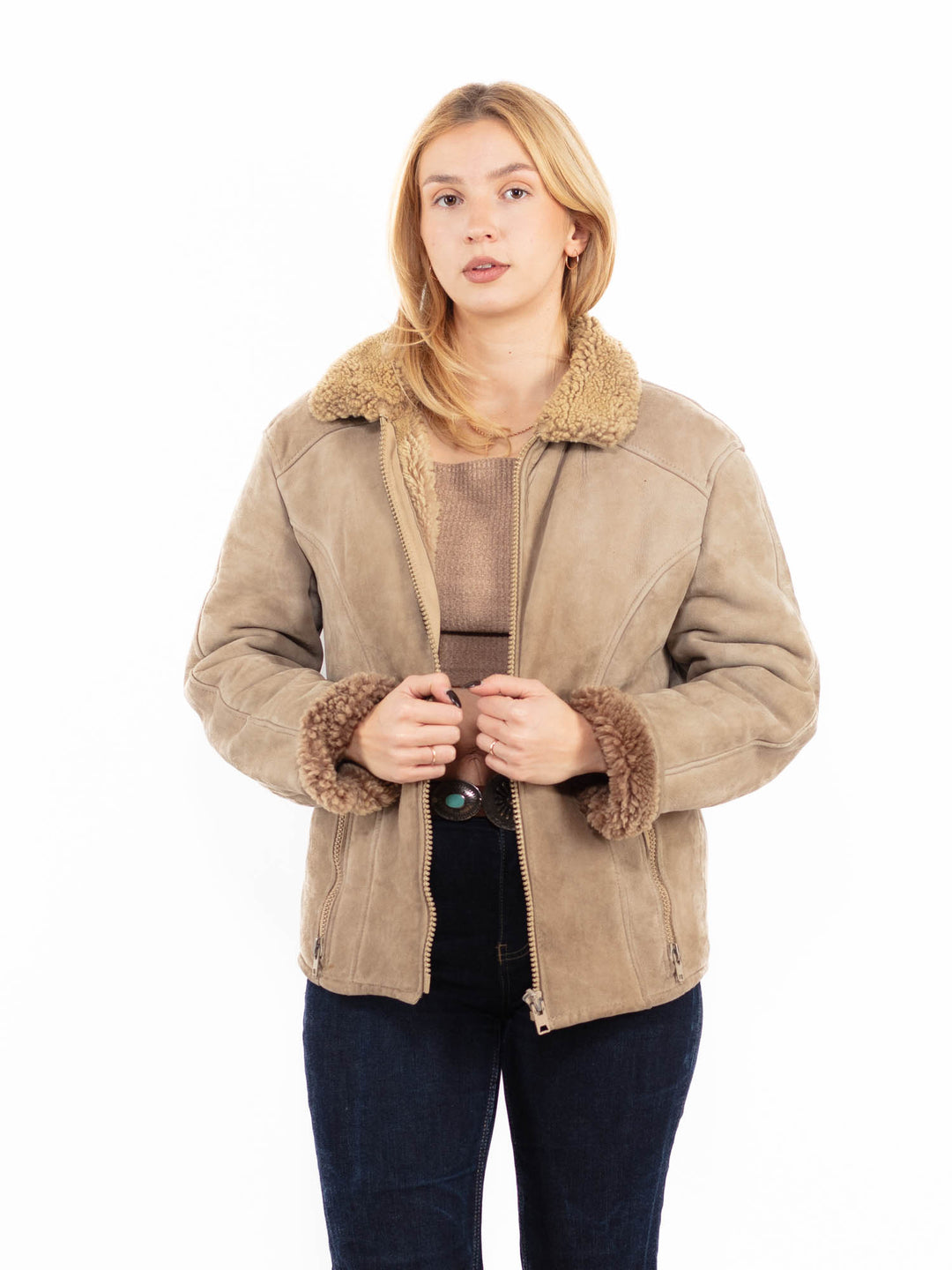 Vintage 90's Women Sheepskin Jacket in Beige