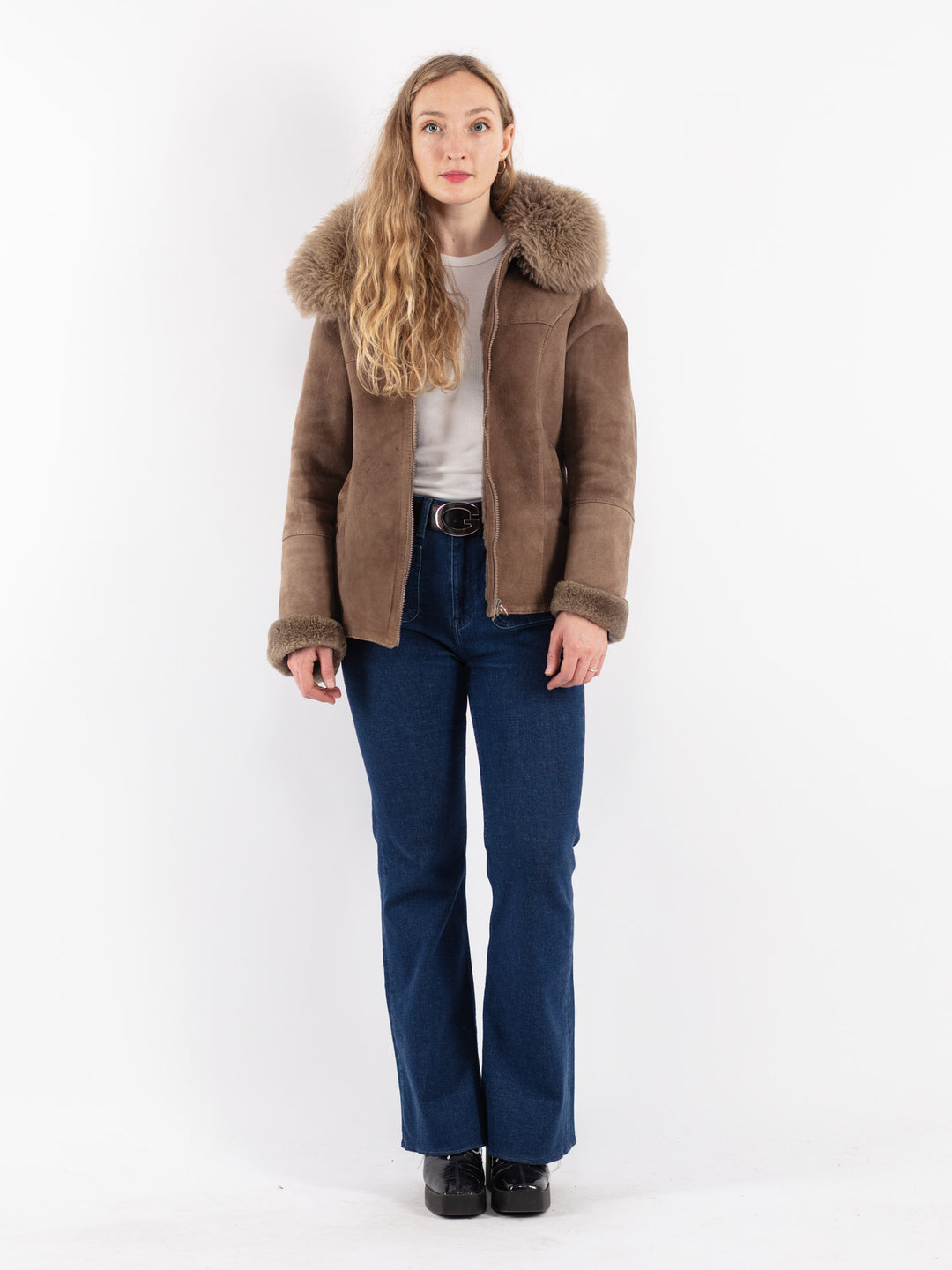 Vintage 90's Women Sheepskin Jacket in Beige