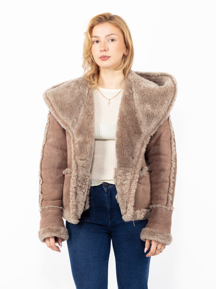 Vintage 90's Hooded Penny Lane Sheepskin Jacket in Beige