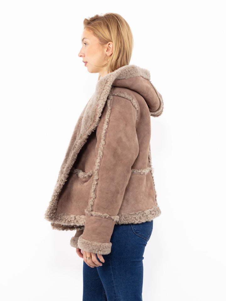 Vintage 90's Hooded Penny Lane Sheepskin Jacket in Beige
