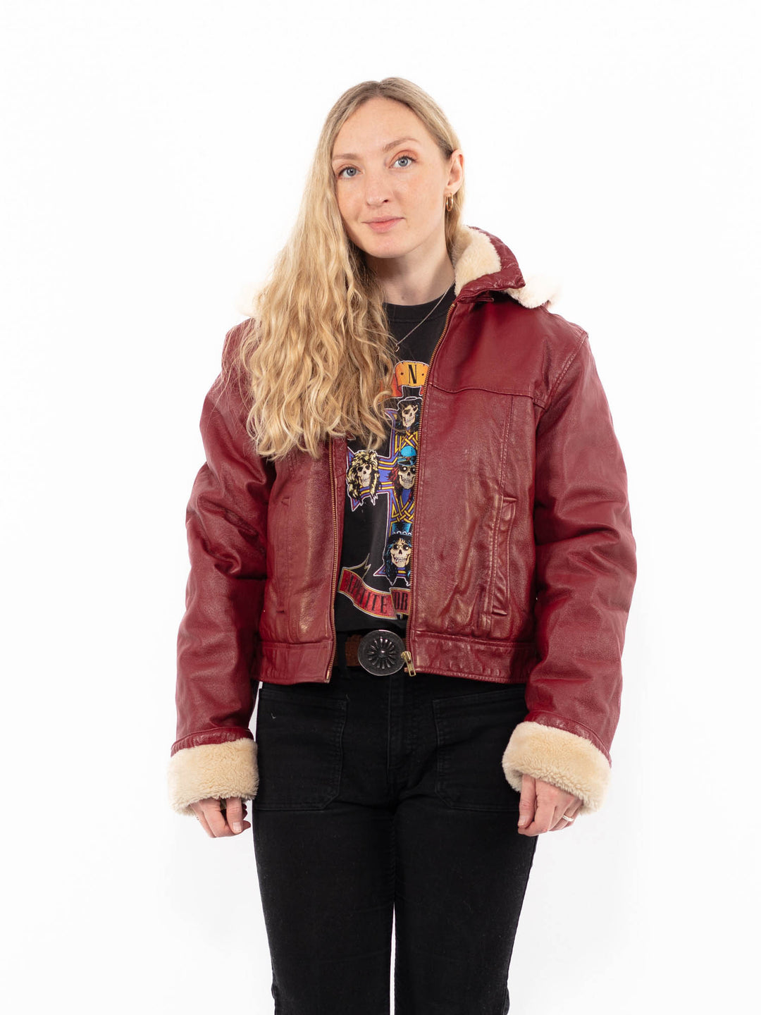 Vintage 90's Women Faux Sheepskin Jacket in RedA0938