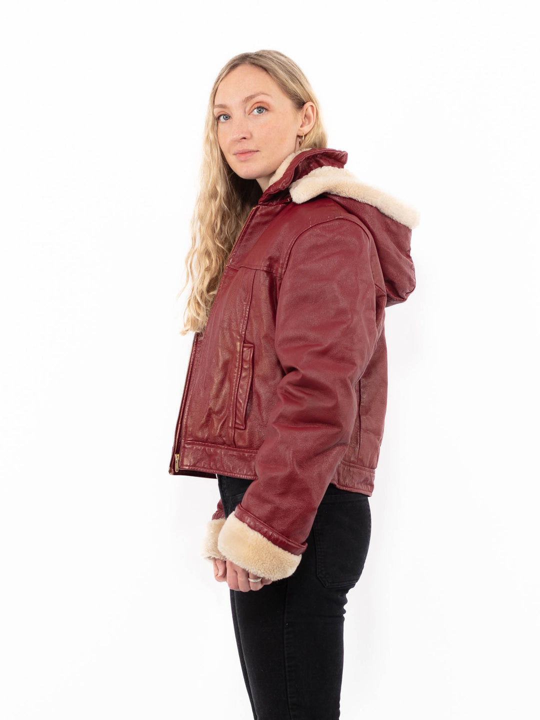 Vintage 90's Women Faux Sheepskin Jacket in RedA0938