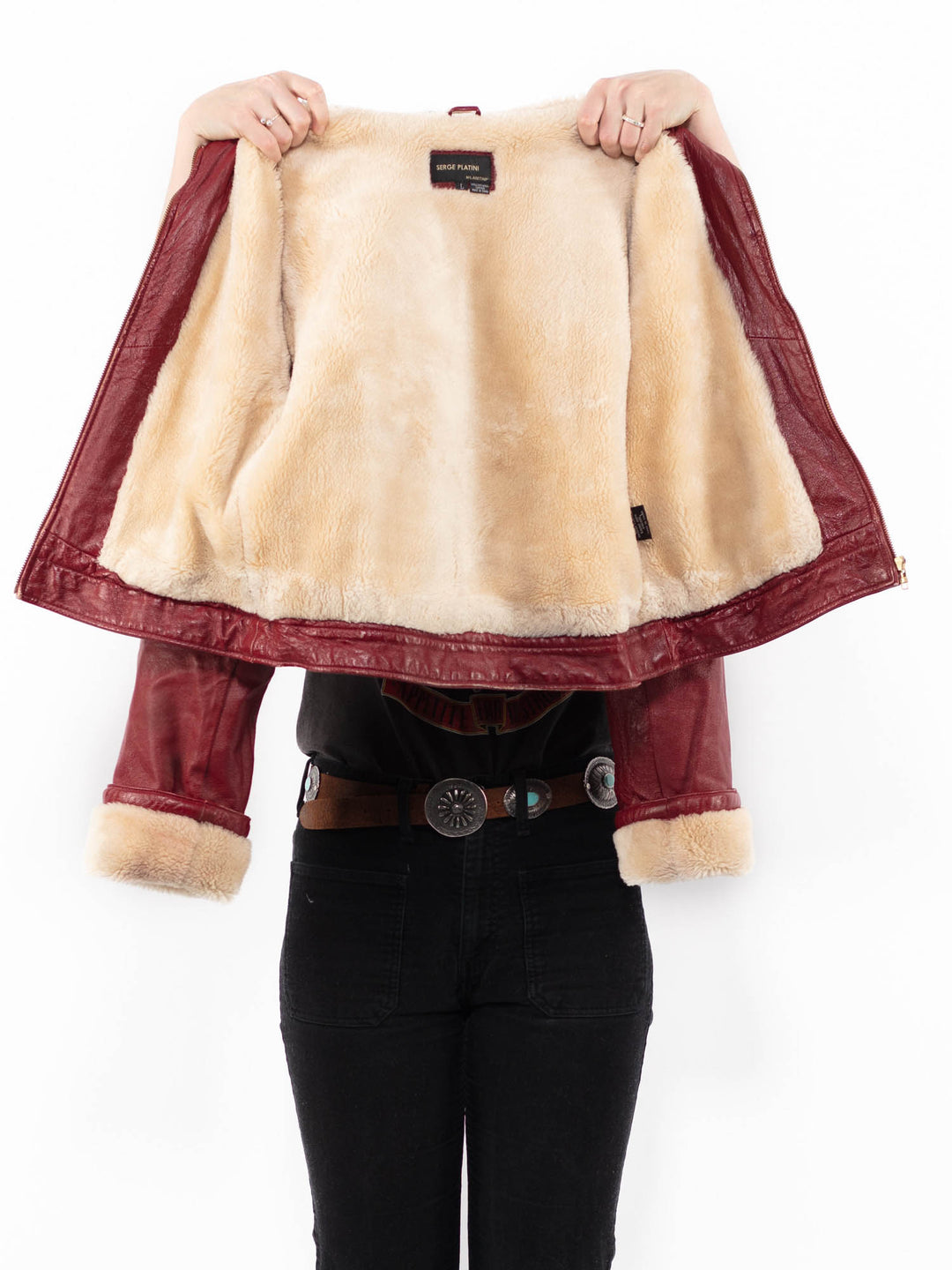 Vintage 90's Women Faux Sheepskin Jacket in RedA0938