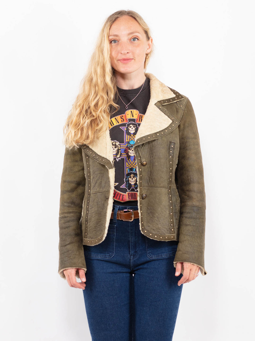 Vintage 90's Women Sheepskin Jacket in Green A0428