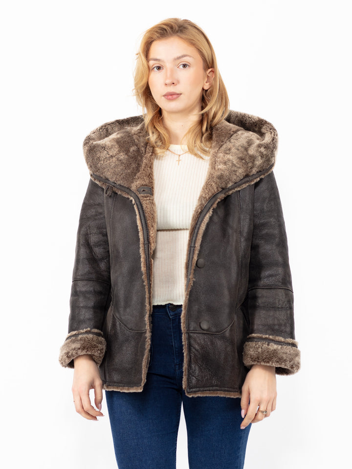 Vintage 90's Hooded Penny Lane Sheepskin Jacket in Dark Brown