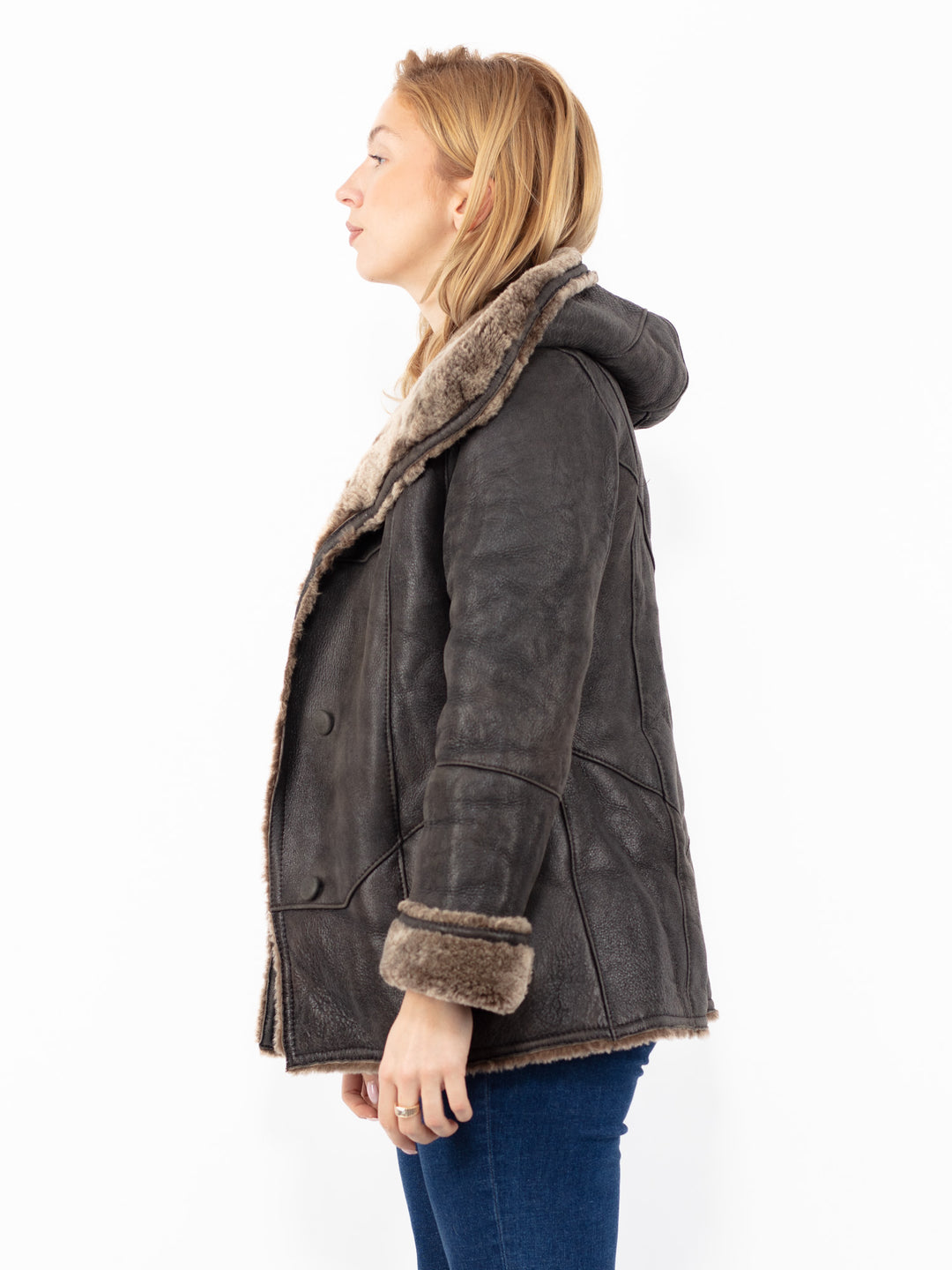Vintage 90's Hooded Penny Lane Sheepskin Jacket in Dark Brown