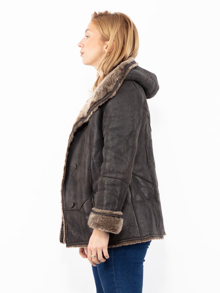 Vintage 90's Hooded Penny Lane Sheepskin Jacket in Dark Brown